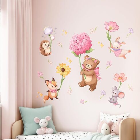 Pink Cartoon Animal Wall Decals Bear Stickers for Girls Bedroom | Bear Squirrel Rabbit Holding Flowers Flying Wall Decor, Removable Peel and Stick Decal for Girls Baby Nursery Kids Room in Kuwait