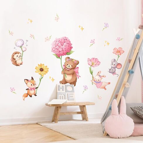 Pink Cartoon Animal Wall Decals Bear Stickers for Girls Bedroom | Bear Squirrel Rabbit Holding Flowers Flying Wall Decor, Removable Peel and Stick Decal for Girls Baby Nursery Kids Room in Kuwait