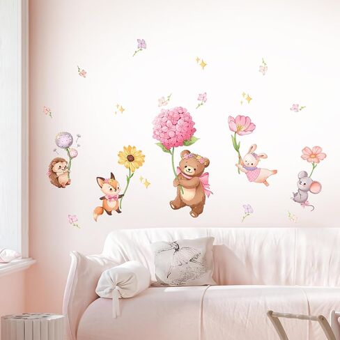 Pink Cartoon Animal Wall Decals Bear Stickers for Girls Bedroom | Bear Squirrel Rabbit Holding Flowers Flying Wall Decor, Removable Peel and Stick Decal for Girls Baby Nursery Kids Room in Kuwait