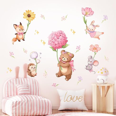 Pink Cartoon Animal Wall Decals Bear Stickers for Girls Bedroom | Bear Squirrel Rabbit Holding Flowers Flying Wall Decor, Removable Peel and Stick Decal for Girls Baby Nursery Kids Room in Kuwait