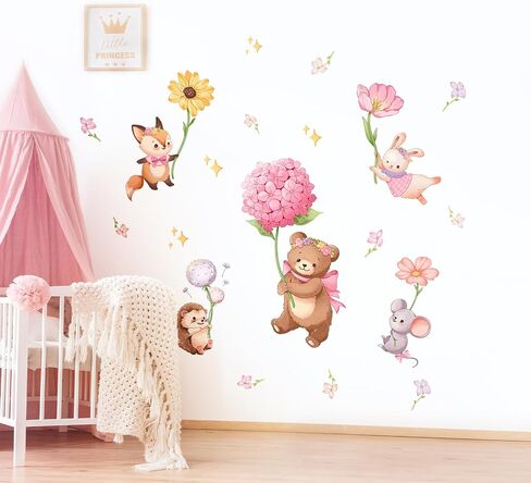 Pink Cartoon Animal Wall Decals Bear Stickers for Girls Bedroom | Bear Squirrel Rabbit Holding Flowers Flying Wall Decor, Removable Peel and Stick Decal for Girls Baby Nursery Kids Room in Kuwait