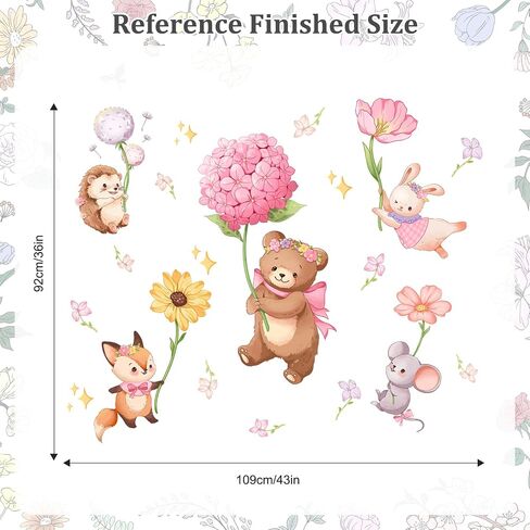 Pink Cartoon Animal Wall Decals Bear Stickers for Girls Bedroom | Bear Squirrel Rabbit Holding Flowers Flying Wall Decor, Removable Peel and Stick Decal for Girls Baby Nursery Kids Room in Kuwait