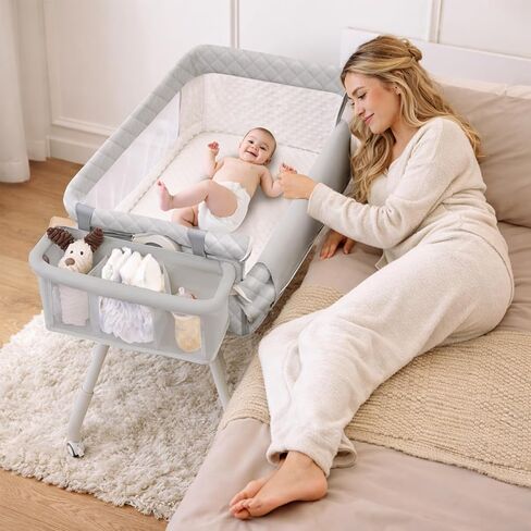 Baby Bassinet Bedside Crib for Newborn 4-in-1 Baby Bassinet Bedside Sleeper | Mesh & Mattress, Easy Move Crib for Newborns with Lockable Wheels & Storage Basket, 4-Adjustable Height(Grey) in Kuwait