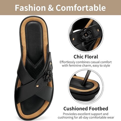 Ecetana Womens Sandals Comfortable Dressy Summer Slip On Slides for Walking | Chic adjustable cross floral straps - cushioned footbed - durable non-slip flat sole for all-day comfort casual daily wear in Kuwait