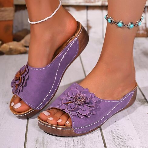 Women's Flower Applique Slide Sandals - Open Toe Wedge Sandals, Comfortable Slip-On Casual Shoes in Kuwait