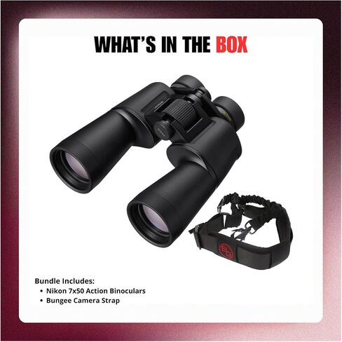 Nikon 7x50 Action Binoculars Bundle | Strap, wide Field of View, long eye relief for comfortable viewing with, 50mm lenses gathers maximum light, (2 items) in Kuwait