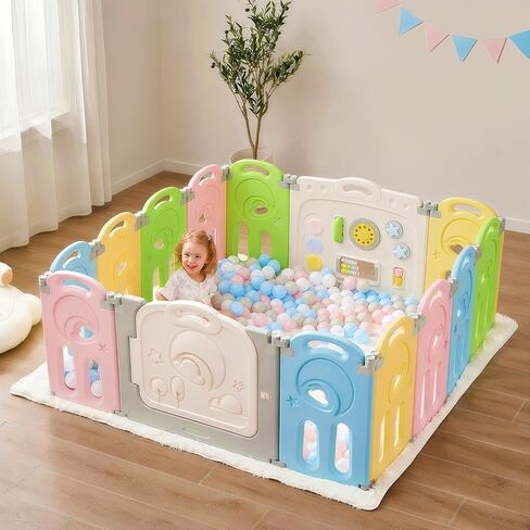Cloud Castle Large 14-Panel Baby Playpen for Toddlers, Multicolor | Foldable Safety Play Yard Enclosure and Fence Play Area w/ Whiteboard/Activity Wall/Gate for Indoor/Outdoor Use for Ages 1-3 in Saudi Arabia
