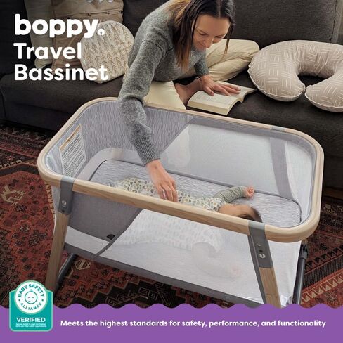 Boppy Portable Baby Bassinet - Lightweight, Low, Fold-Flat Travel Bassinet with Mesh Sides, Anti-Tilt, 2 Custom Fitted Mattress Covers & No Assembly - Gray Pickup Sticks in Kuwait