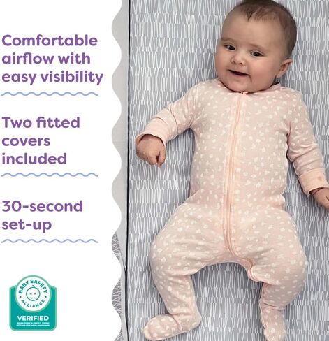 Boppy Portable Baby Bassinet - Lightweight, Low, Fold-Flat Travel Bassinet with Mesh Sides, Anti-Tilt, 2 Custom Fitted Mattress Covers & No Assembly - Gray Pickup Sticks in Kuwait