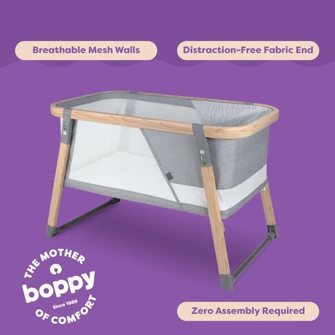 Boppy Portable Baby Bassinet - Lightweight, Low, Fold-Flat Travel Bassinet with Mesh Sides, Anti-Tilt, 2 Custom Fitted Mattress Covers & No Assembly - Gray Pickup Sticks in Kuwait