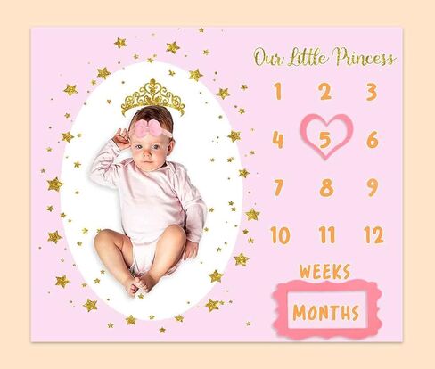 Monthly Milestone Blanket for Baby Girl, 48"x40" Soft Flannel Pink Princess Memory Growth Blanket, Photography Backdrop Prop for Newborn Baby Shower, 1 to 12 Months Include Marks BTLSPH819 in Kuwait