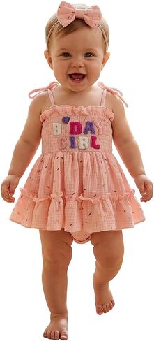 Baby Girl First Birthday Outfit Donut Smocked Bubble Romper Dress Muslin Jumpsuit Bodysuit Cute Summer Clothes in Kuwait