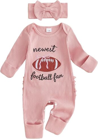 Baby Girls Fall Outfits Football/Soccer Letter Embroidery Long Sleeve Crewneck Jumpsuit and Headband Set Clothes in Kuwait