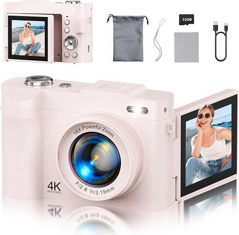 4K Digital Camera for Photography, 50MP Vlogging Camera for YouTube, Compact Cameras with 2.8" 180° Flip Screen, 16X Digital Zoom for Beginners, Travel, Family,Pink in Kuwait