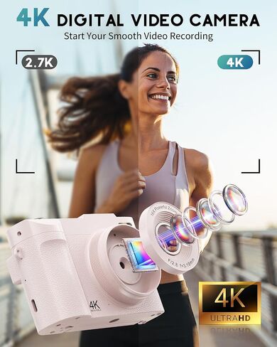 4K Digital Camera for Photography, 50MP Vlogging Camera for YouTube, Compact Cameras with 2.8" 180° Flip Screen, 16X Digital Zoom for Beginners, Travel, Family,Pink in Kuwait