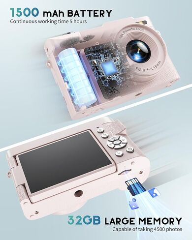 4K Digital Camera for Photography, 50MP Vlogging Camera for YouTube, Compact Cameras with 2.8" 180° Flip Screen, 16X Digital Zoom for Beginners, Travel, Family,Pink in Kuwait