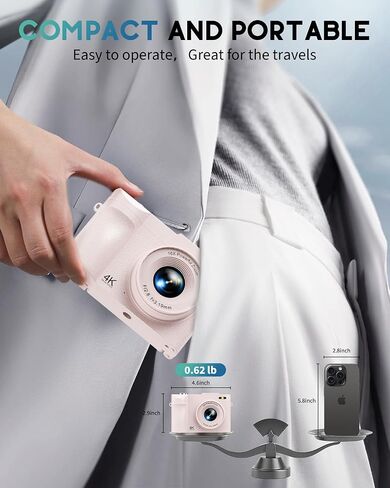 4K Digital Camera for Photography, 50MP Vlogging Camera for YouTube, Compact Cameras with 2.8" 180° Flip Screen, 16X Digital Zoom for Beginners, Travel, Family,Pink in Kuwait
