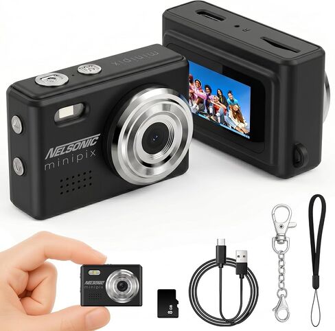 MiniPix 1080P Digital Keychain Camera, 8GB Card, USB-C, White | 0.96-inch color screen, 1MP sensor, photo/video capture, pocket size, clip-on design, rechargeable, travel, gifts, teens, 6+ in Kuwait