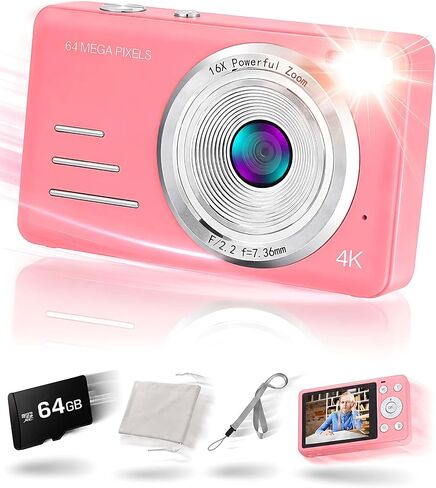4K Digital Camera 64MP Pink Compact Camera with 18X Digital Zoom, 2.8" LCD Screen,Built-in 64GB microSD Card and 1500mAh Rechargeable Battery, Beginner Point and Shoot Camera Gift Pink in Kuwait