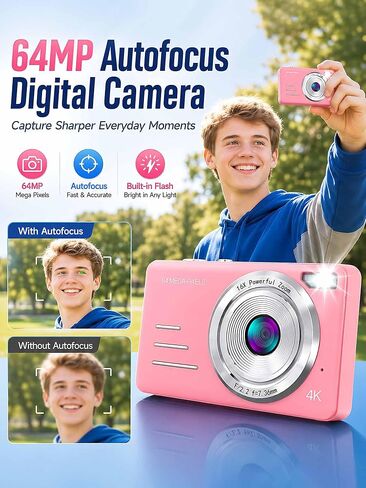 4K Digital Camera 64MP Pink Compact Camera with 18X Digital Zoom, 2.8" LCD Screen,Built-in 64GB microSD Card and 1500mAh Rechargeable Battery, Beginner Point and Shoot Camera Gift Pink in Kuwait