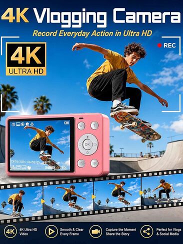 4K Digital Camera 64MP Pink Compact Camera with 18X Digital Zoom, 2.8" LCD Screen,Built-in 64GB microSD Card and 1500mAh Rechargeable Battery, Beginner Point and Shoot Camera Gift Pink in Kuwait