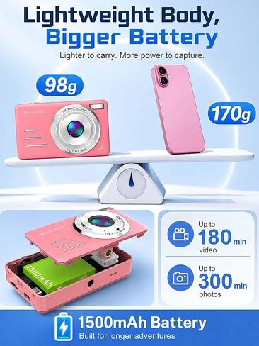 4K Digital Camera 64MP Pink Compact Camera with 18X Digital Zoom, 2.8" LCD Screen,Built-in 64GB microSD Card and 1500mAh Rechargeable Battery, Beginner Point and Shoot Camera Gift Pink in Kuwait