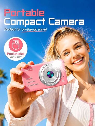 4K Digital Camera 64MP Pink Compact Camera with 18X Digital Zoom, 2.8" LCD Screen,Built-in 64GB microSD Card and 1500mAh Rechargeable Battery, Beginner Point and Shoot Camera Gift Pink in Kuwait