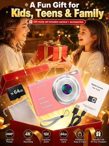 4K Digital Camera 64MP Pink Compact Camera with 18X Digital Zoom, 2.8" LCD Screen,Built-in 64GB microSD Card and 1500mAh Rechargeable Battery, Beginner Point and Shoot Camera Gift Pink in Kuwait