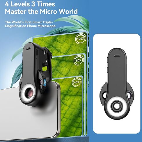 ASHATA 40X 80X 120X Phone Microscope Lens 4-Level Zoom Wheel 3-Second Switching 92+ CRI Dual Light Portable Microscope with Universal Clip for Smartphones Tablets Fabric Jewelry in Kuwait
