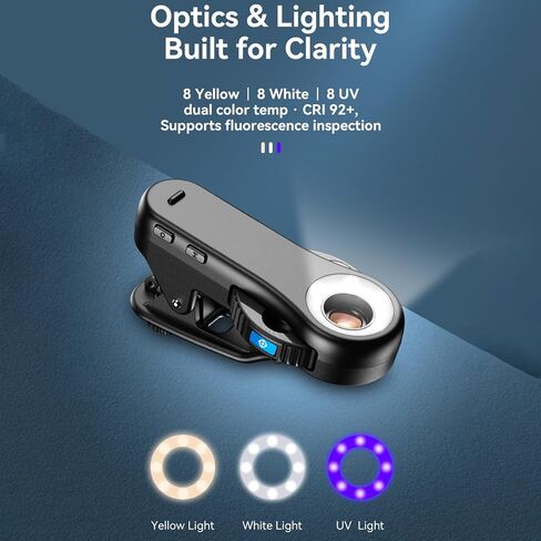 EBTOOLS Phone Microscope Lens, 4 Level Zoom Wheel 40X 80X 120X Magnification, 24 LED Dual Color Temperature CRI 92+ and Universal Clip, for Smartphones Tablets Fabric Gem Inspection in Kuwait