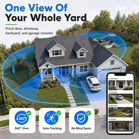 WESECUU 2K/4MP Solar Security Cameras System Wireless Outdoor, Battery Powered WiFi Camera for Home Security, Panoramic PTZ, Auto Tracking, Human/Vehicle Detection, Color Night Vision (2 Pack) in Kuwait