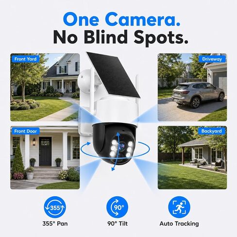 WESECUU 2K/4MP Solar Security Cameras System Wireless Outdoor, Battery Powered WiFi Camera for Home Security, Panoramic PTZ, Auto Tracking, Human/Vehicle Detection, Color Night Vision (2 Pack) in Kuwait