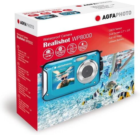 AGFA Photo Realishot WP8000 - Waterproof Digital Camera, 24 MP, Full HD Video, Dual LCD Screen, 16x Digital Zoom, Digital Stabilizer, Lithium Battery | Lithium Battery, 24 MP, 16x Zoom, Full HD Video, Dual LCD Screen in Saudi Arabia