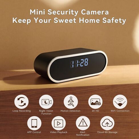 Wireless WiFi Security Camera, Nanny Cam for Home, Indoor Camera with Clock with App Control, AI Motion Detection, Loop Recording, Night Vision, Local & Cloud Storage, Easy to Use in Kuwait