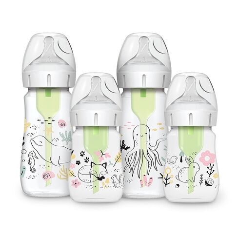 Dr. Brown's Anti-Colic Options + Wide-Neck Baby Bottle Designer Edition, Woodland, 5 oz/150 mL + Ocean, 9oz/270mL, Level 1 Slow Flow Nipple, 0m+, 4-Pack in Kuwait