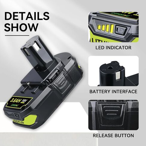 P102 3.6Ah 2-Pack 18V Lithium-Ion Replacement for Ryobi 18V Battery P102 P103 P104 P105 P107 P108 P190 Compatible with Ryobi Battery Cordless Tools in Kuwait
