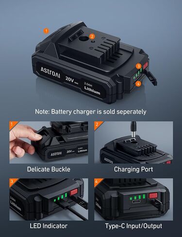 AstroAI 20V MAX Rechargeable Li-ion Battery Type-C Input/Output | with Real-time Capacity Indicator for MC3 / C2 Only Compatible Product in Saudi Arabia