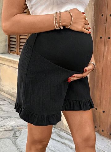 BLENCOT Pregnancy Shorts Over The Belly Ruffle Hem Stretchy Soft Fabric Full Panel Maternity Postpartum Lounge Shorts Black M in Kuwait