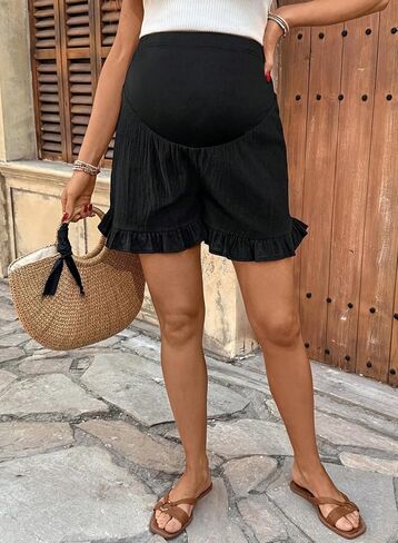 BLENCOT Pregnancy Shorts Over The Belly Ruffle Hem Stretchy Soft Fabric Full Panel Maternity Postpartum Lounge Shorts Black M in Kuwait