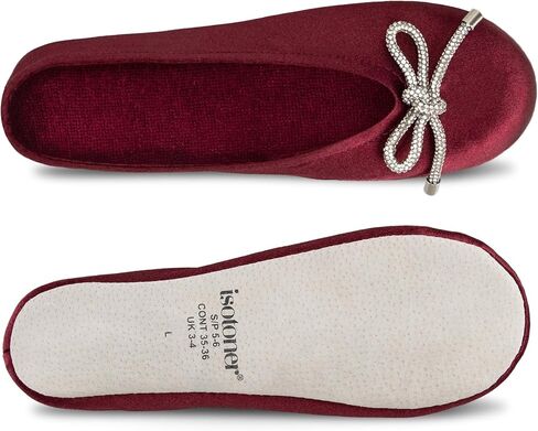 isotoner Women's Classic Stretch Satin Ballerina Slippers with Bow Tie and Leather Sole, Chili, 8-9 in Kuwait