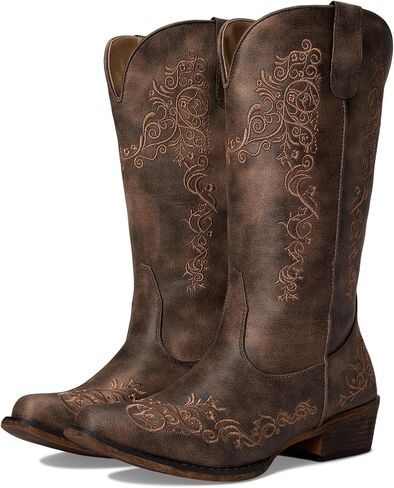 ROPER Womens Riley Scroll Embroidered Snip Toe Casual Boots Mid Calf Low Heel 1-2" - Brown - Size 10.5 M in Kuwait