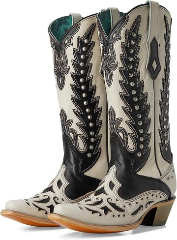 Corral Boots Womens Embroidered Studded Snip Toe Pull On Casual Boots Mid Calf Mid Heel 2-3" - Black, White in Saudi Arabia