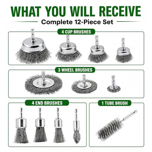 12 Pcs Wire Brush for Drill Set Abrasive Wire Wheel for 1/4" Hex Shank Wire Cup Brush for Drill for Removing Paint and Rust, Metal Carbon Steel in Kuwait