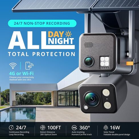 Dragon Touch 4G LTE Cellular Security Camera - 4K Wireless Solar Security AOV Camera Outdoor Dual Lens Bullet-PTZ Cam, 4G and WiFi, 20X Zoom, 360° View, AI Tracking, with SIM Card and 64GB SD Card N1 in Kuwait