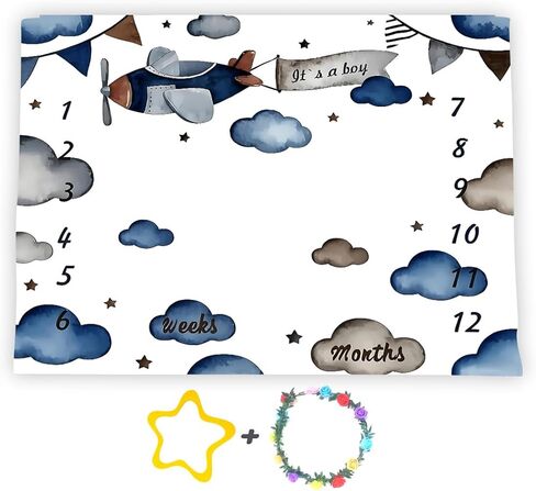 Airplane Theme Baby Monthly Milestone Blanket for Boys, Blue, 48x40in | Soft Flannel, Aircraft Pilot Cloud Stars Pattern, Photography Prop, Baby Shower, Newborn Mom Gifts, Nursery Decor in Kuwait