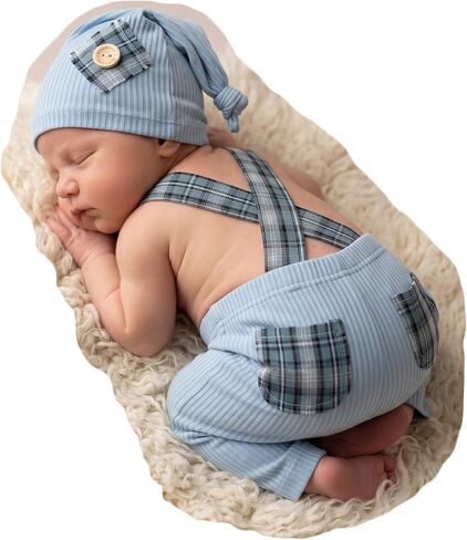 Newborn Boy Photoshoot Outfit Props Baby Boy Photography Outfit (Blue) | Suspenders Pants & Sleeping Hat for Baby Boy Photo Shoot in Saudi Arabia