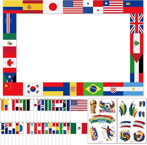 International Flag Decorations Photo Prop, Around the World Party Decor | Flags Frame Photography Booth, Temporary Tattoos and 48 Countries Handheld Flags on Stick for Country Sports Events in Kuwait