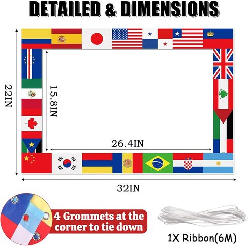 International Flag Decorations Photo Prop, Around the World Party Decor | Flags Frame Photography Booth, Temporary Tattoos and 48 Countries Handheld Flags on Stick for Country Sports Events in Kuwait