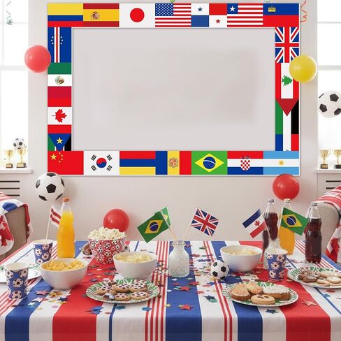 International Flag Decorations Photo Prop, Around the World Party Decor | Flags Frame Photography Booth, Temporary Tattoos and 48 Countries Handheld Flags on Stick for Country Sports Events in Kuwait