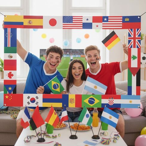 International Flag Decorations Photo Prop, Around the World Party Decor | Flags Frame Photography Booth, Temporary Tattoos and 48 Countries Handheld Flags on Stick for Country Sports Events in Kuwait